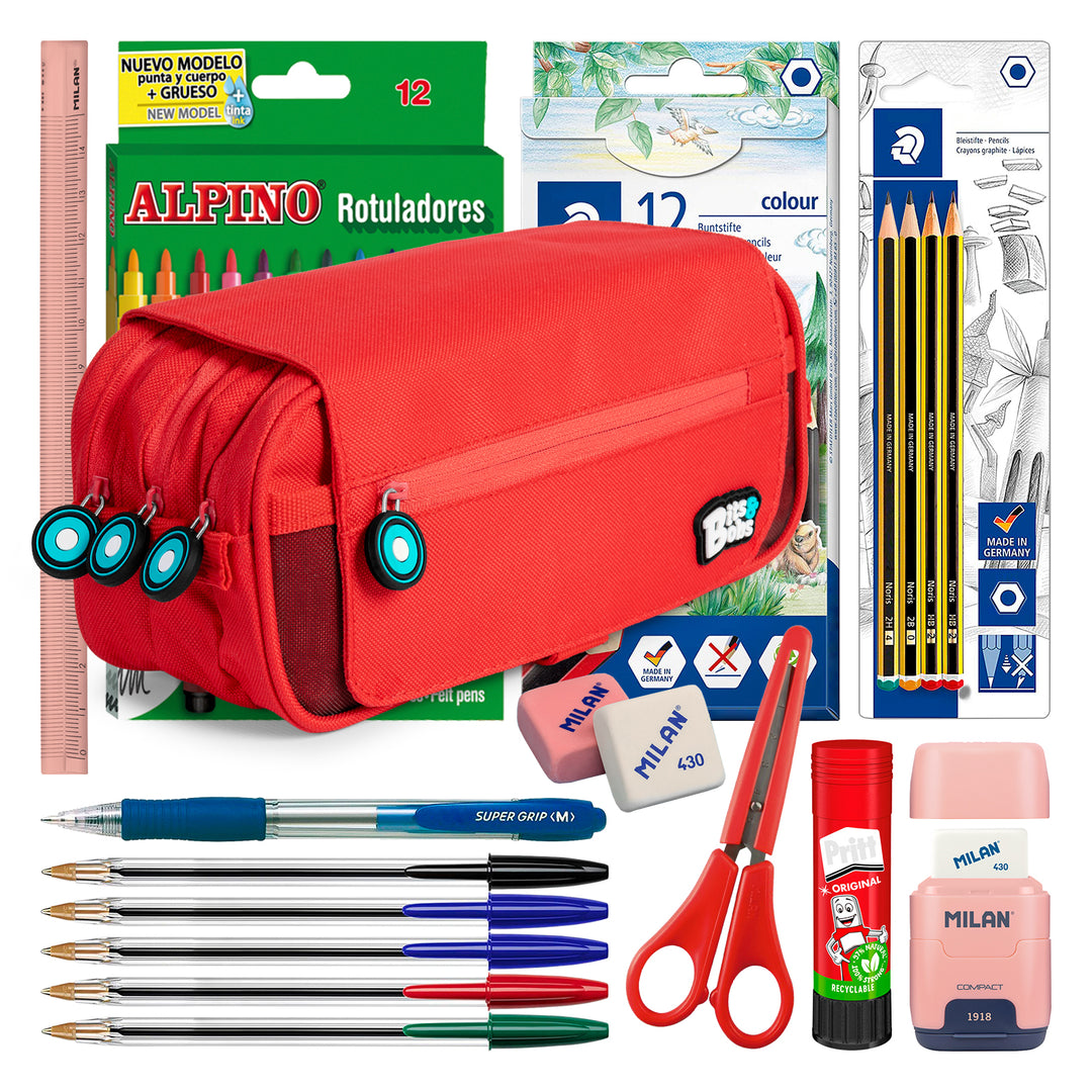 ColePack BitsBobs - Estuche Triple de 3 Cremalleras con Material Escolar Incluido. Rojo