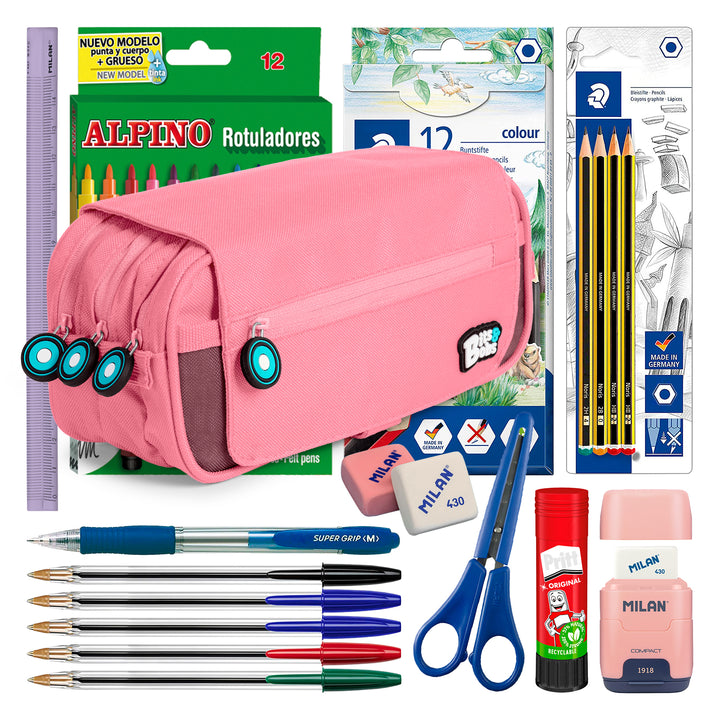 ColePack BitsBobs - Estuche Triple de 3 Cremalleras con Material Escolar Incluido. Rosa Claro