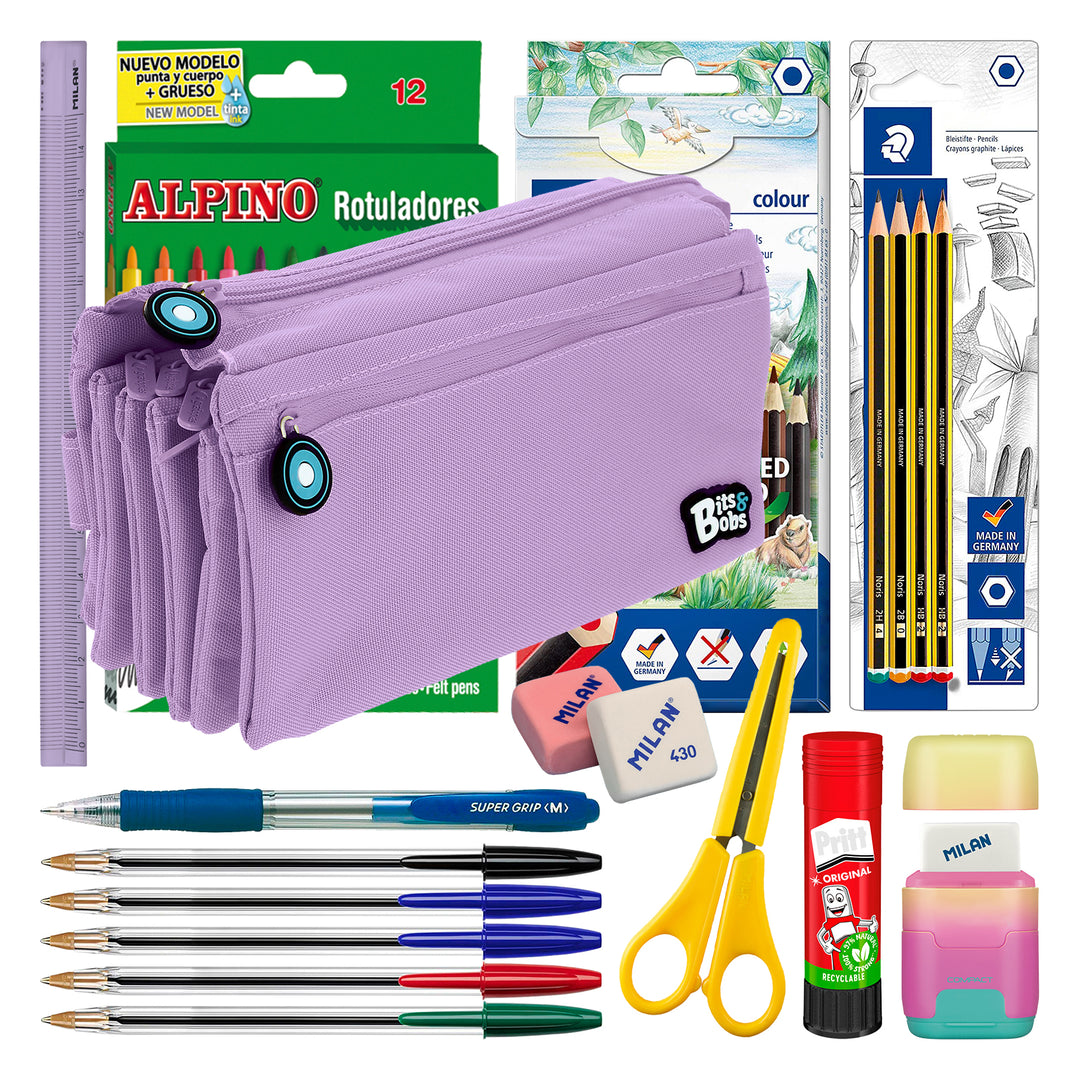 ColePack 2022 - Estuche Escolar Cuádruple de 4 Cremalleras y Material Incluido. Lavanda