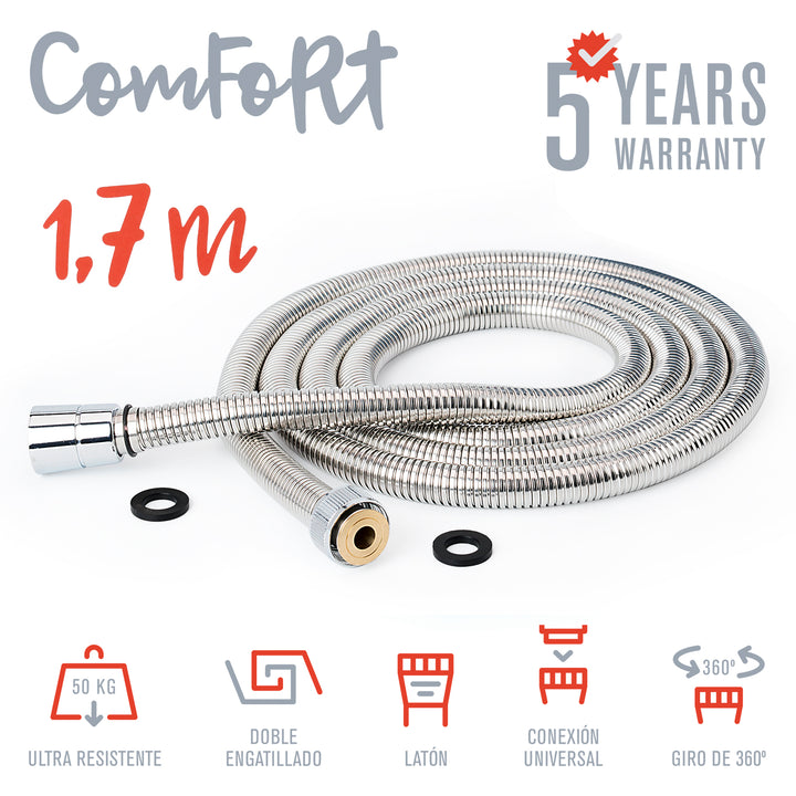 TATAY Comfort - Flexo de Ducha en Acero y Latón 1.7m Doble Engatillado Ultra Resistente