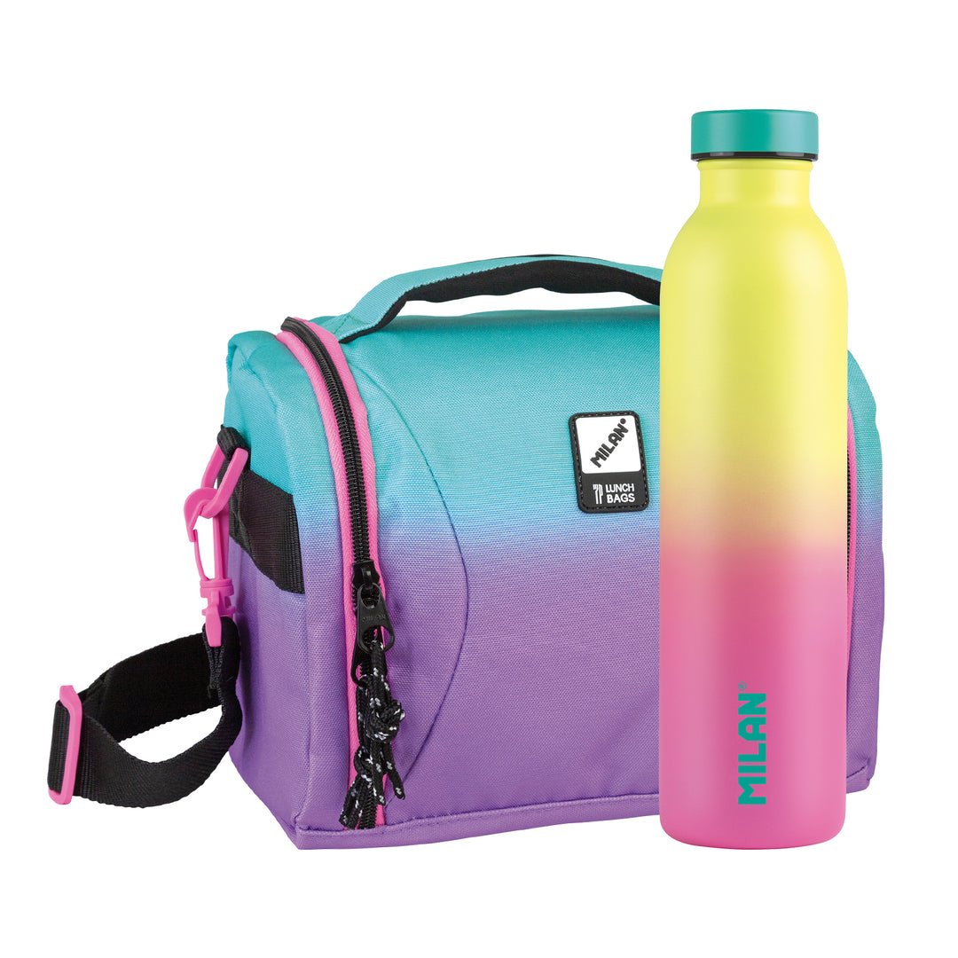 MILAN Sunset - Kit Bolsa Térmica Porta Alimentos y Botella Térmica 600 ml. Lila-Turquesa