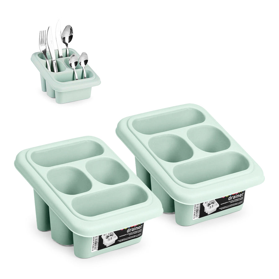 Plastic Forte Square - Set de 2 Escurridores de Cubiertos con 4 Compartimentos. Verde