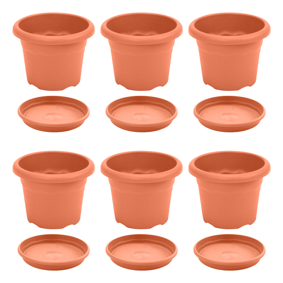 Plastiken TERRA - Lote de 6 Macetas Redondas con Platos Incluidos. Medida 12 cm 0.5L. Terracota