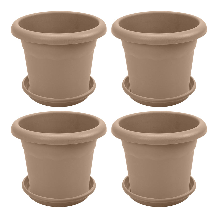 Plastiken TERRA - Set de 4 Macetas Redondas con Platos Incluidos. Medida 20 cm 3L. Taupe