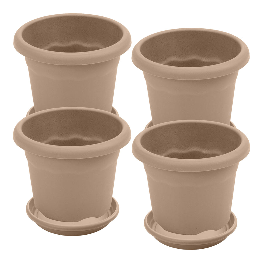 Plastiken TERRA - Set de 4 Macetas Redondas con Platos Incluidos. Medida 26 cm 6L. Taupe