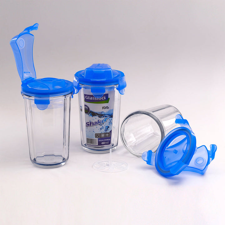 Glasslock Shaker - Vaso Mezclador de 450 ml en Vidrio Templado con Tapa. Azul