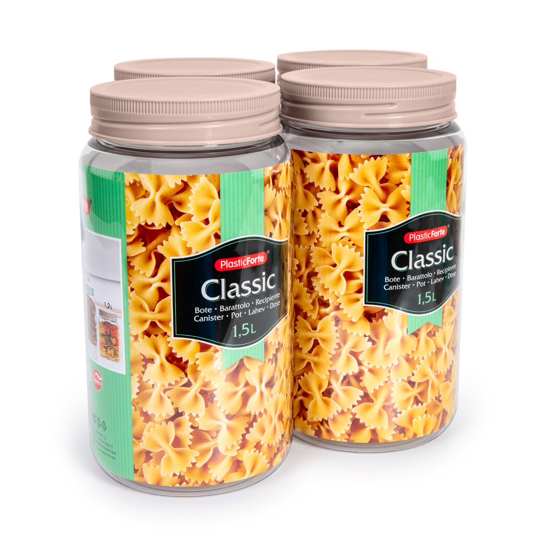 Plastic Forte - Juego de 4 Botes Classic Redondos 1.5L. Ideales Despensa. Marrón