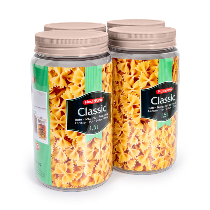 Plastic Forte - Juego de 4 Botes Classic Redondos 1.5L. Ideales Despensa. Marrón