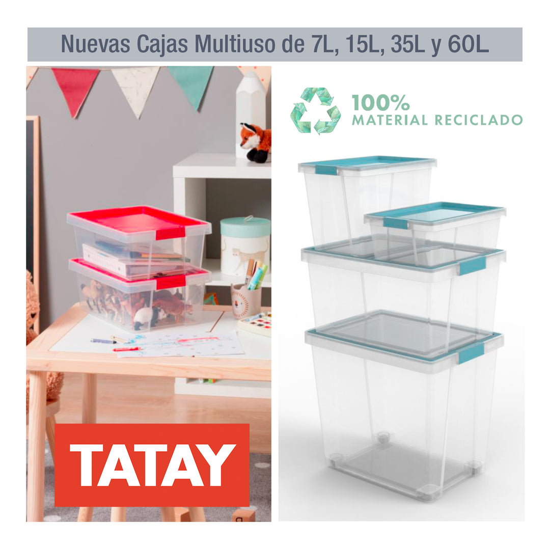 TATAY - Caja de Ordenación Multiusos 15L 100% Reciclable con Tapa Abatible. Rojo