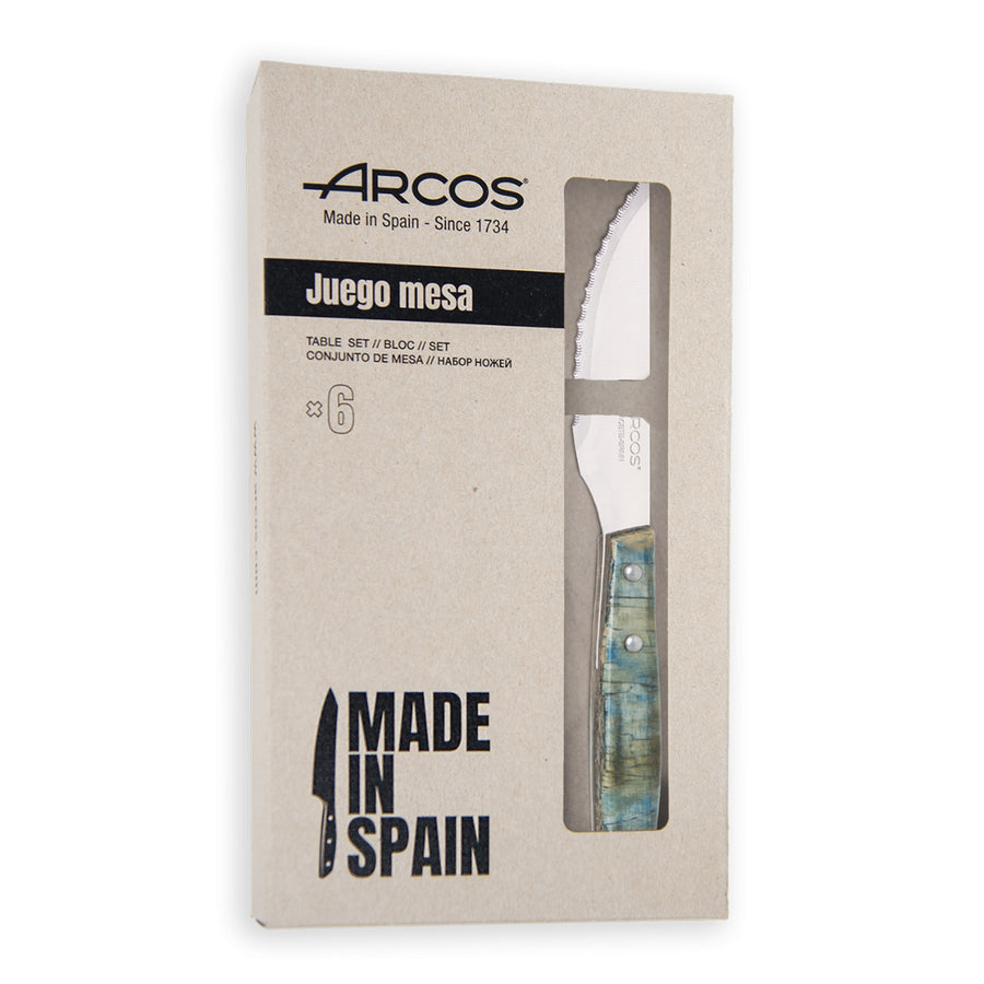 ARCOS - Set de 6 Cuchillos Chuleteros con Mango en Madera de Chopo, Azul