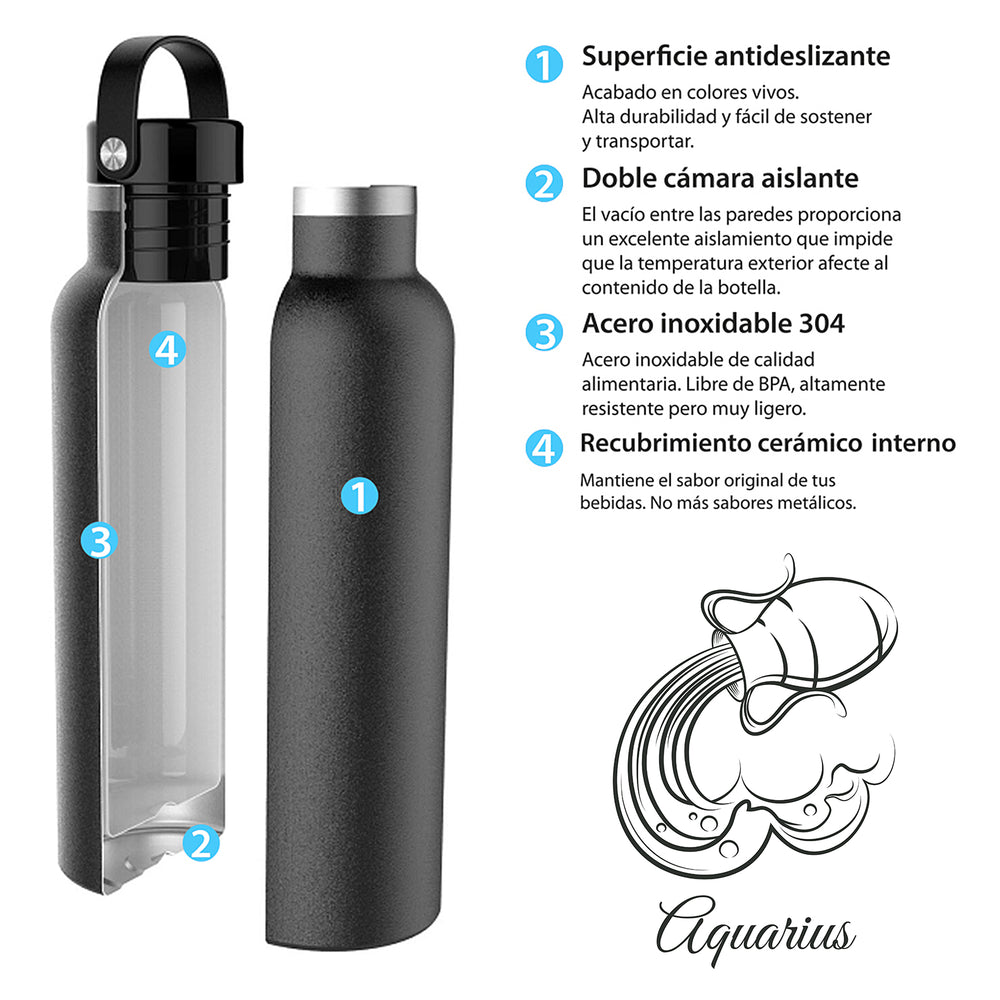 Runbott Zodiac - Botella Térmica Sport de 0.6L con Interior Cerámico. Acuario Lila