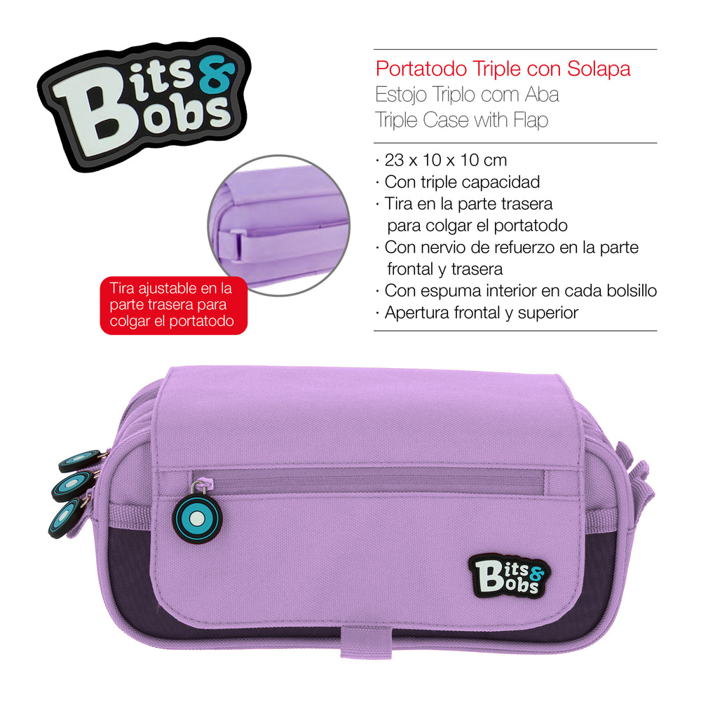 ColePack BitsBobs - Estuche Triple de 3 Cremalleras con Material Escolar Incluido. Lavanda