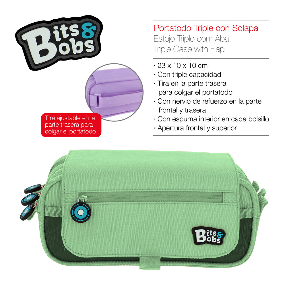 ColePack BitsBobs - Estuche Triple de 3 Cremalleras con Material Escolar Incluido. Mint