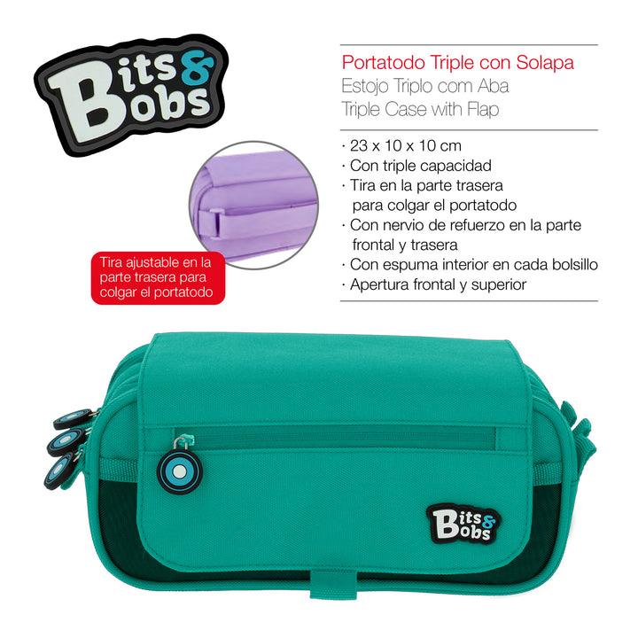 ColePack BitsBobs - Estuche Triple de 3 Cremalleras con Material Escolar Incluido. Turquesa