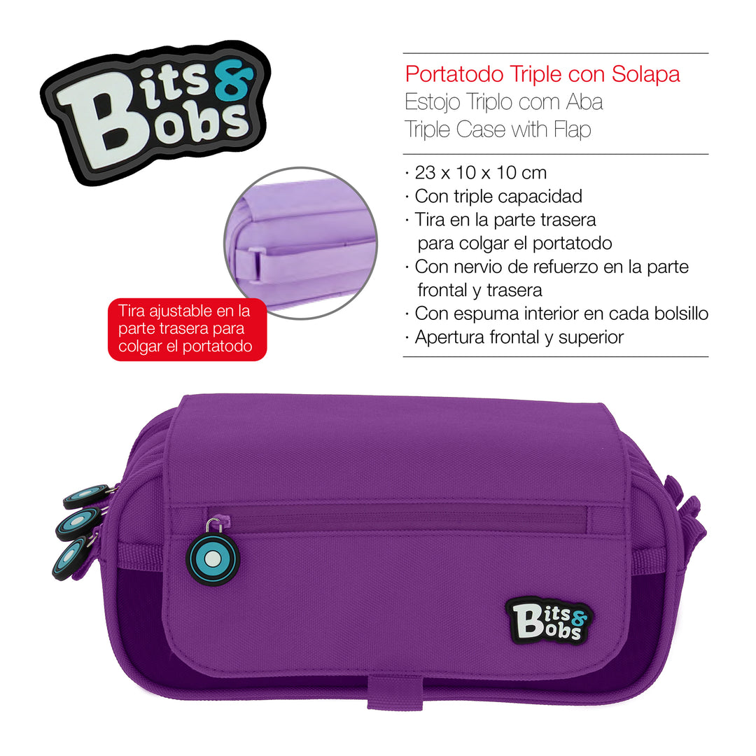 ColePack BitsBobs - Estuche Triple de 3 Cremalleras con Material Escolar Incluido. Violeta