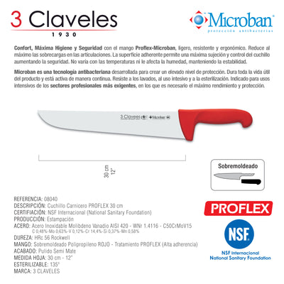 3 Claveles Proflex - Cuchillo Profesional Carnicero Ancho 30 cm Microban. Rojo