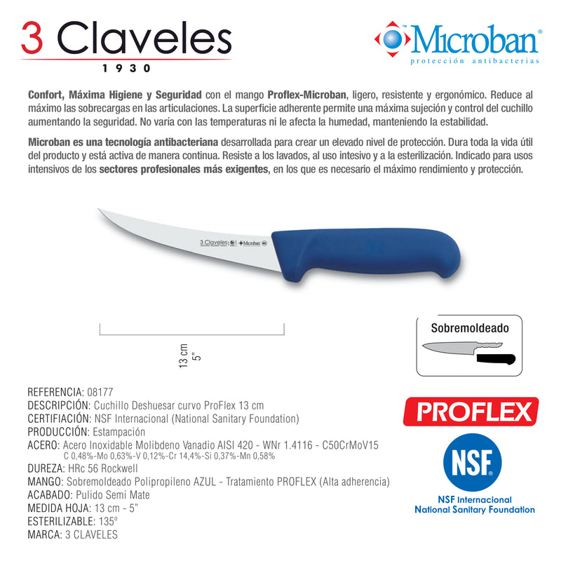 3 Claveles Proflex - Cuchillo Profesional Deshuesador Curvo 13 cm Microban. Azul