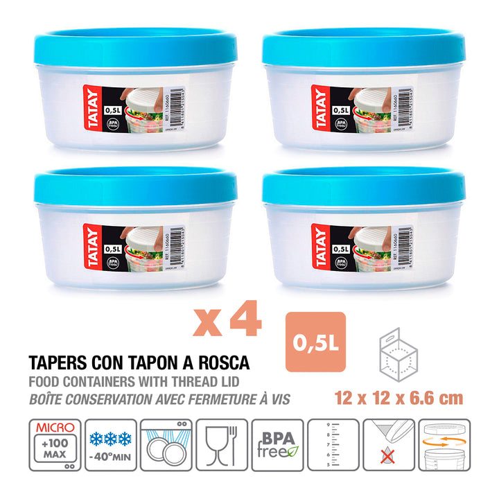 TATAY Twist - Set de 4 Recipientes Redondos 0.5L con Cierre Hermético a Rosca