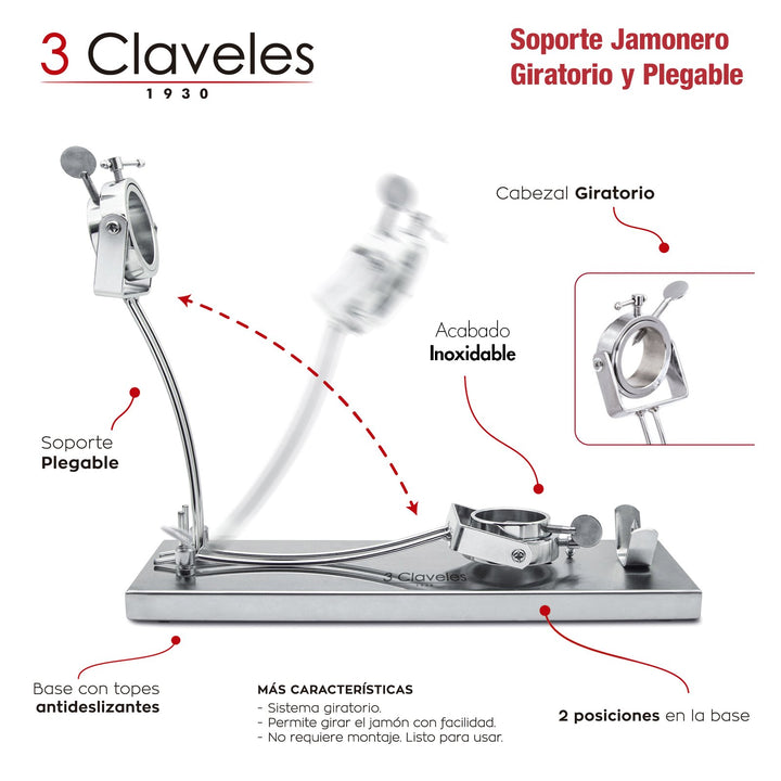 3 Claveles 01737 - Kit Soporte Jamonero Plegable Inox. con Cuchillo POM 29 cm y Funda