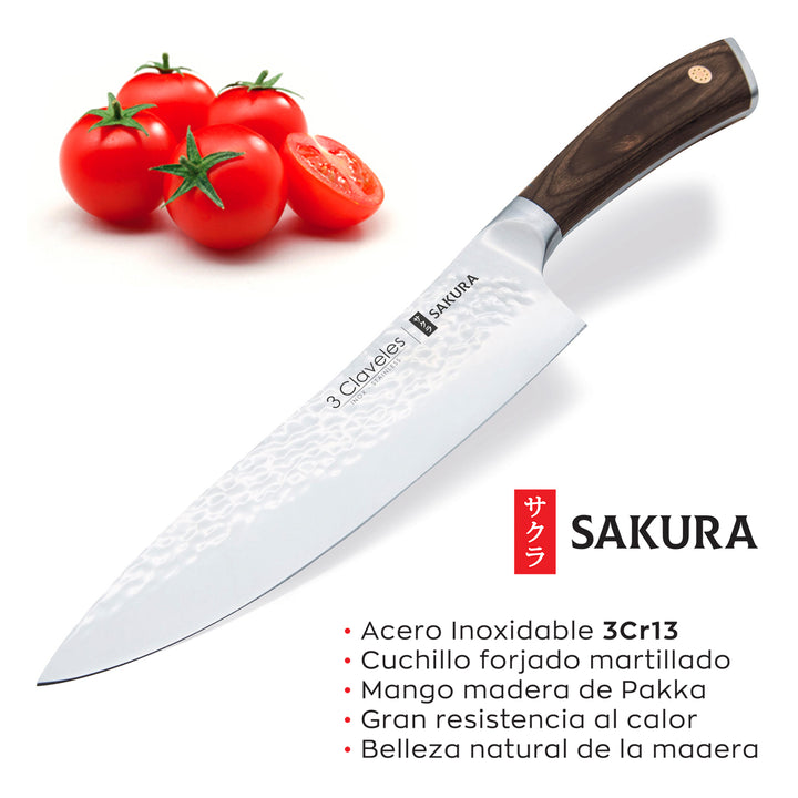 3 Claveles Sakura - Juego Masterchef de 3 Cuchillos Acero Forjado con Hoja Martilleada