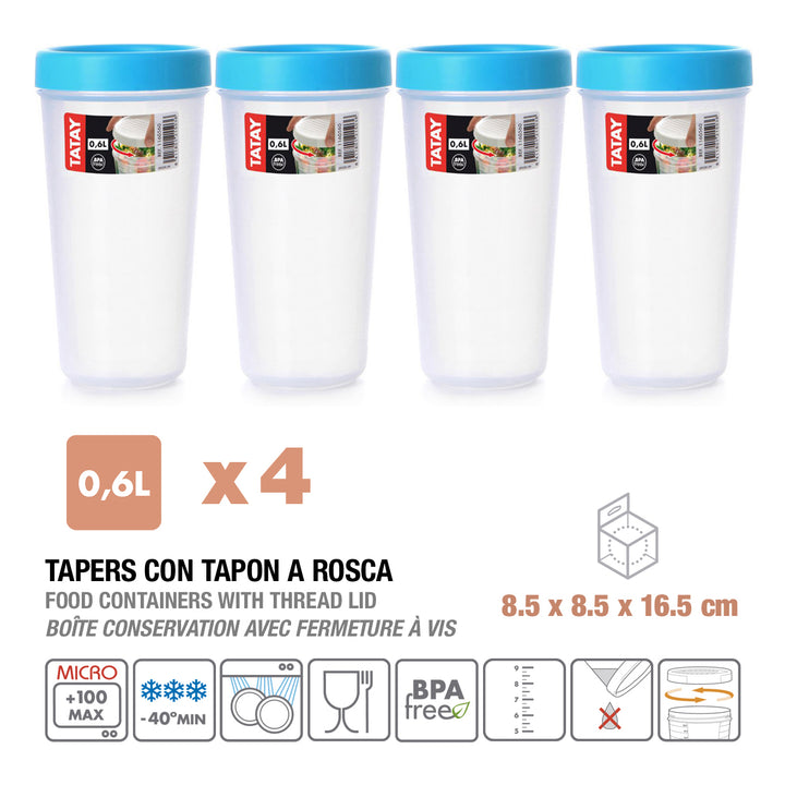 TATAY Twist - Set de 4 Recipientes Redondos 0.6L con Cierre Hermético a Rosca