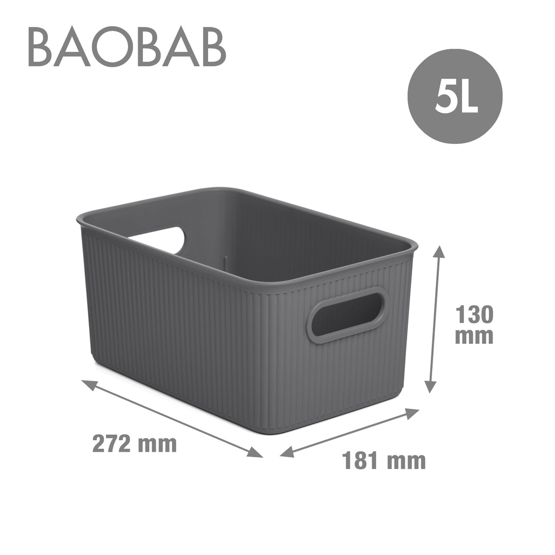 TATAY Baobab - Set de 3 Cajas Organizadoras Grandes con Tapa en Plástico PP05. Gris Antracita