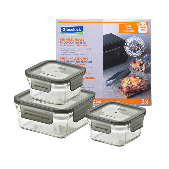 Glasslock Oven Smart - Set de 3 Recipientes Cuadrados de 0.4L y 1.1L en Vidrio Templado Aptos Horno