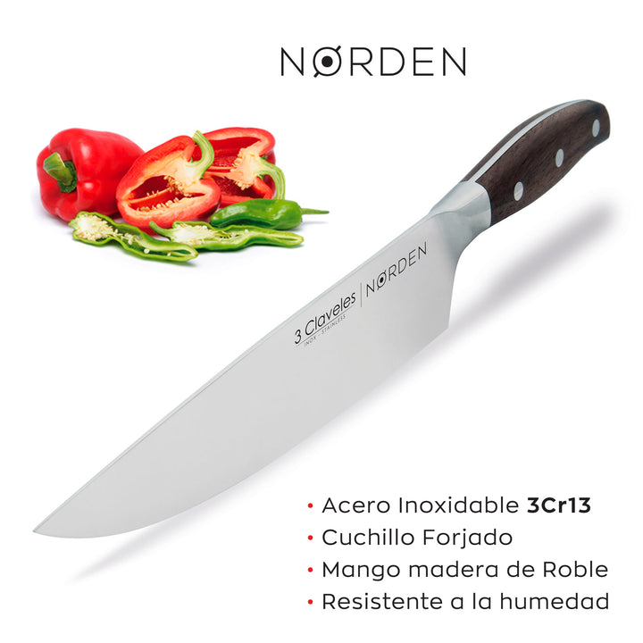 3 Claveles Norden - Cuchillo Cocinero Profesional 20 cm Acero Forjado y Mango de Roble