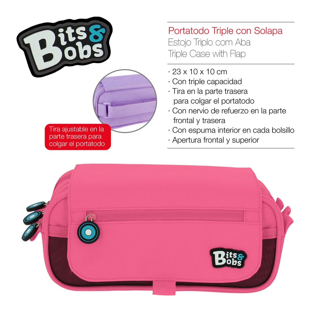 Grafoplás - Estuche Portatodo Triple con Solapa para Material Escolar. Rosa