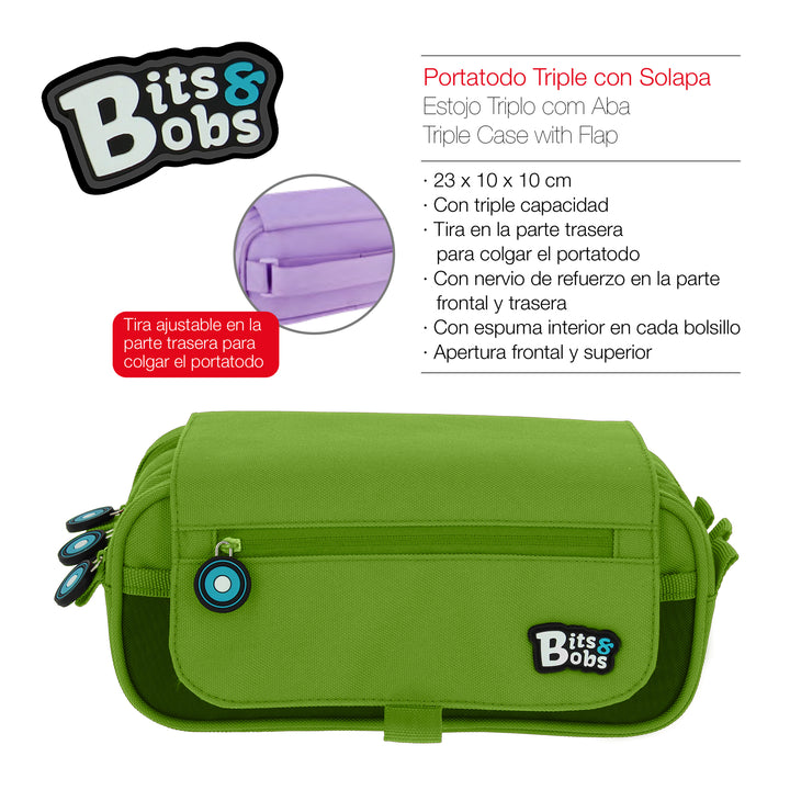 Grafoplás - Estuche Portatodo Triple con Solapa para Material Escolar. Verde