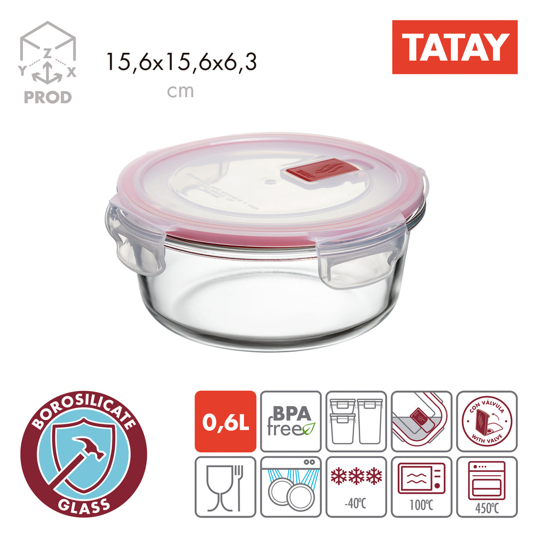 TATAY Cook & Eat - Recipiente Redondo de 0.6L en Vidrio Borosilicato. Apto Horno