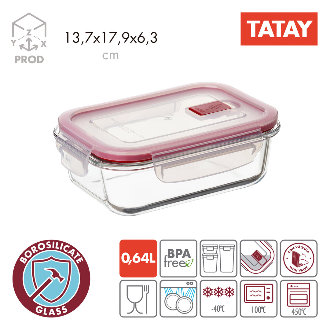 TATAY Cook & Eat - Recipiente Rectangular de 0.64L en Vidrio Borosilicato. Apto Horno