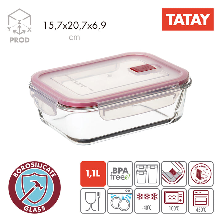 TATAY Cook & Eat - Recipiente Rectangular en 1.1L en Vidrio Borosilicato. Apto Horno