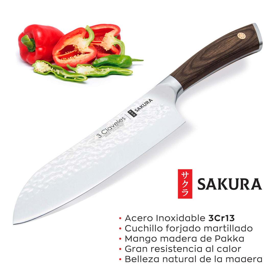 3 Claveles Sakura - Juego Masterchef de 3 Cuchillos Acero Forjado con Hoja Martilleada