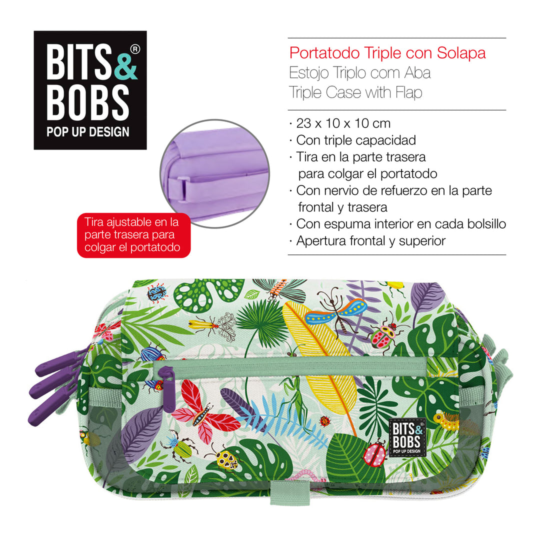 ColePack Design - Estuche Triple de 3 Cremalleras con Material Escolar Incluido. Bugs