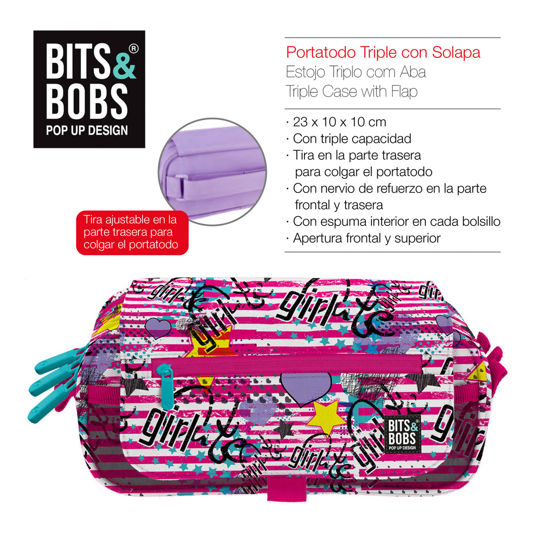 Grafoplás Design - Estuche Portatodo Triple con Solapa para Material Escolar. Girl