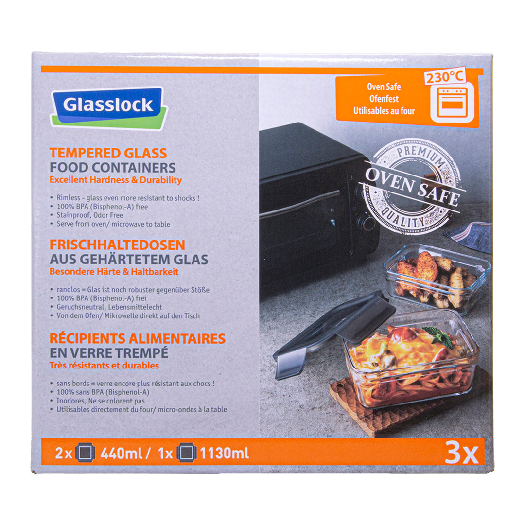 Glasslock Oven Smart - Set de 3 Recipientes Cuadrados de 0.4L y 1.1L en Vidrio Templado Aptos Horno