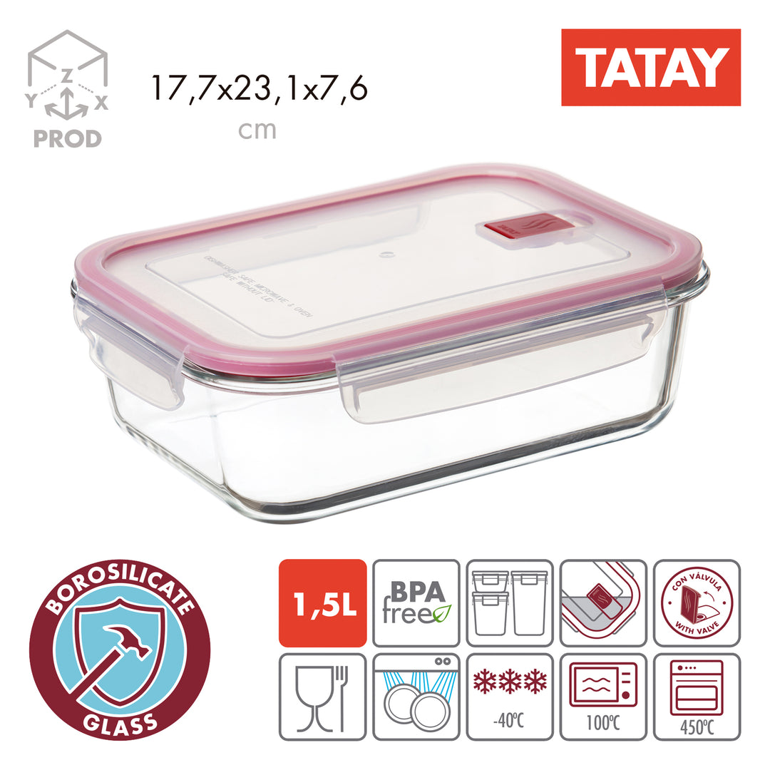 TATAY Cook & Eat - Lote de 2 Recipientes de 0.64L y 1.5L en Vidrio Borosilicato. Aptos Horno