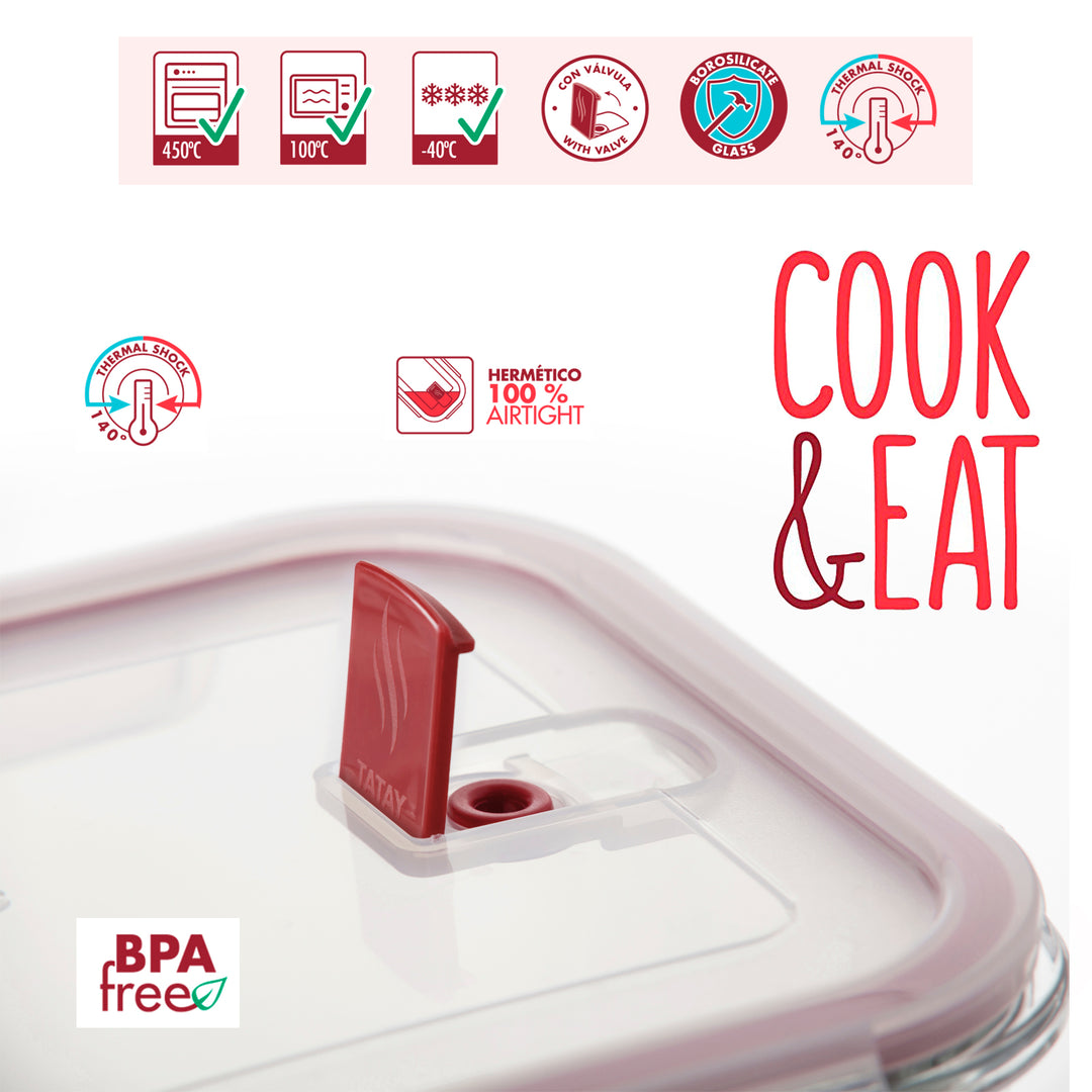 TATAY Cook & Eat - Recipiente Rectangular en 1.1L en Vidrio Borosilicato. Apto Horno