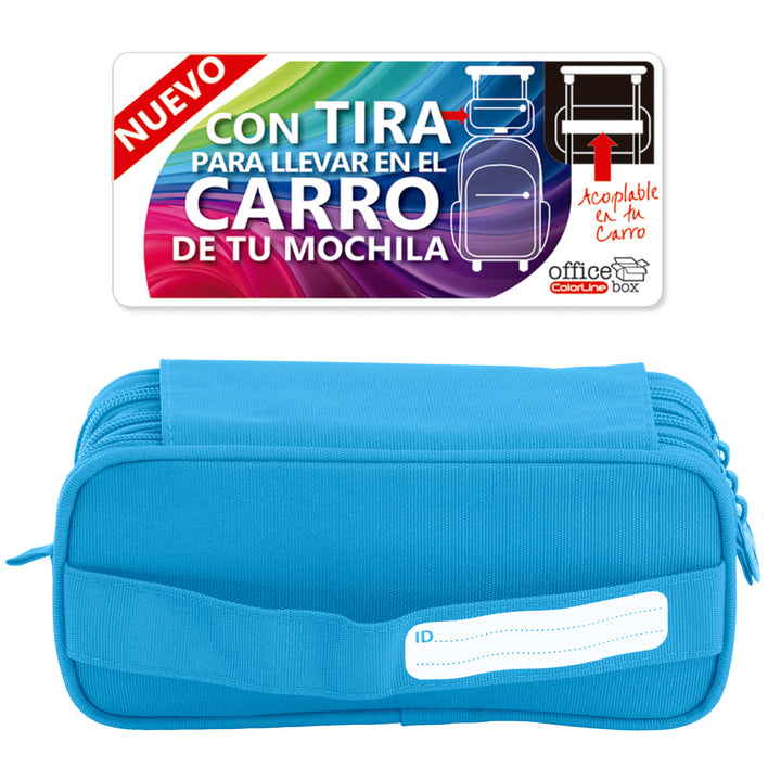 Estuche Escolar Triple Portatodo de Alta Capacidad con Tres Cremalleras. Azul Claro