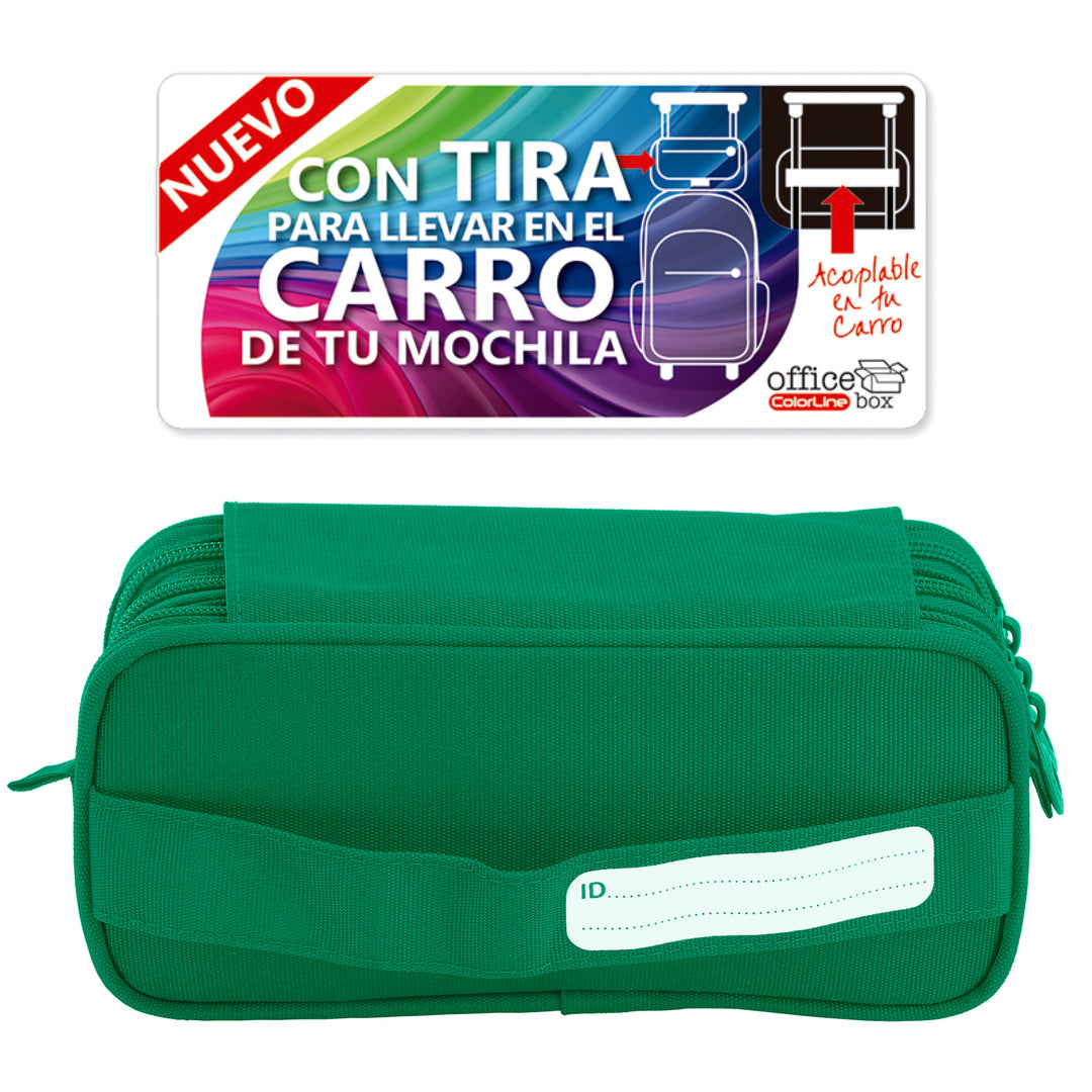 Estuche Escolar Triple Portatodo de Alta Capacidad con Tres Cremalleras. Verde