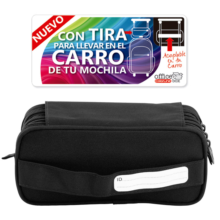 Estuche Escolar Triple Portatodo de Alta Capacidad con Tres Cremalleras. Negro