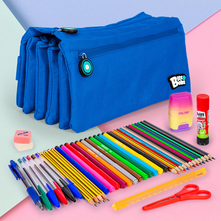 ColePack 2022 - Estuche Escolar Cuádruple de 4 Cremalleras y Material Incluido. Azul