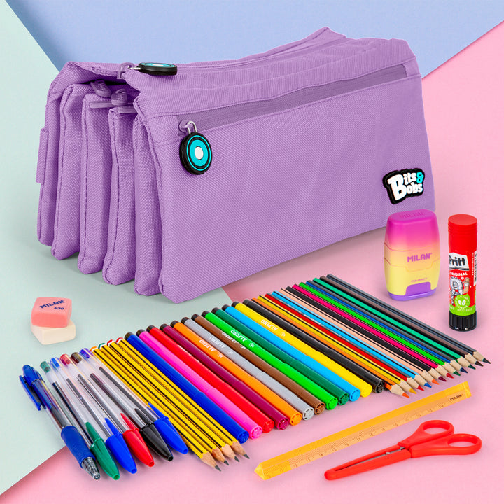 ColePack 2022 - Estuche Escolar Cuádruple de 4 Cremalleras y Material Incluido. Lavanda