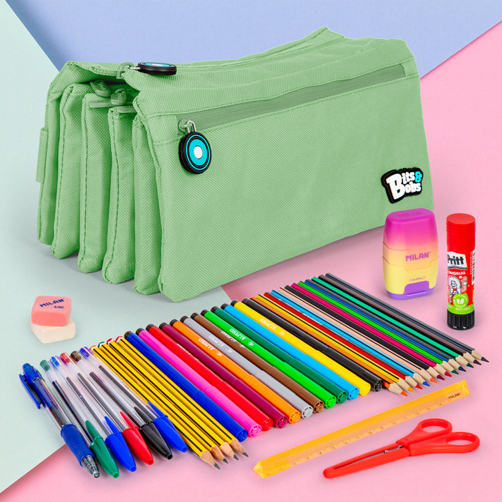 ColePack 2022 - Estuche Escolar Cuádruple de 4 Cremalleras y Material Incluido. Menta