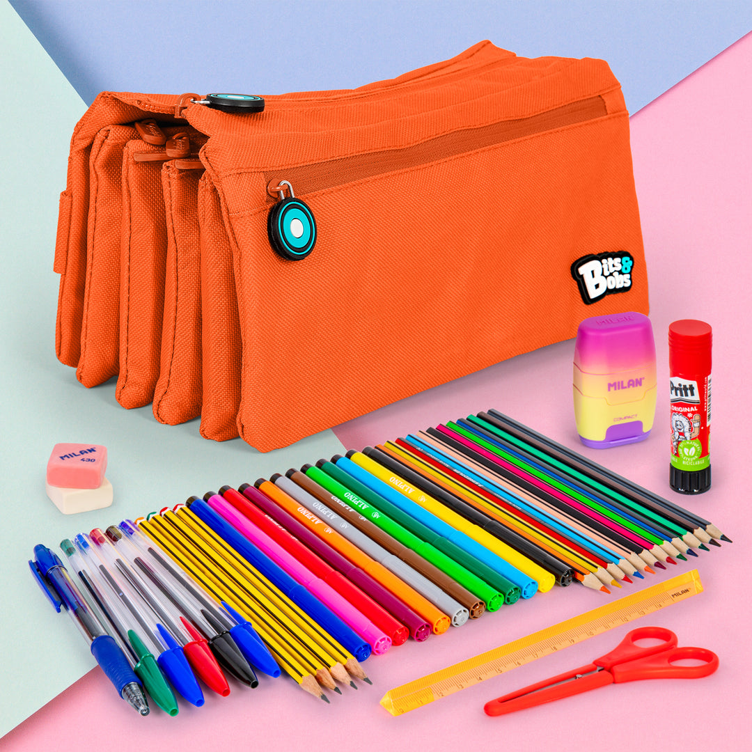 ColePack 2022 - Estuche Escolar Cuádruple de 4 Cremalleras y Material Incluido. Naranja