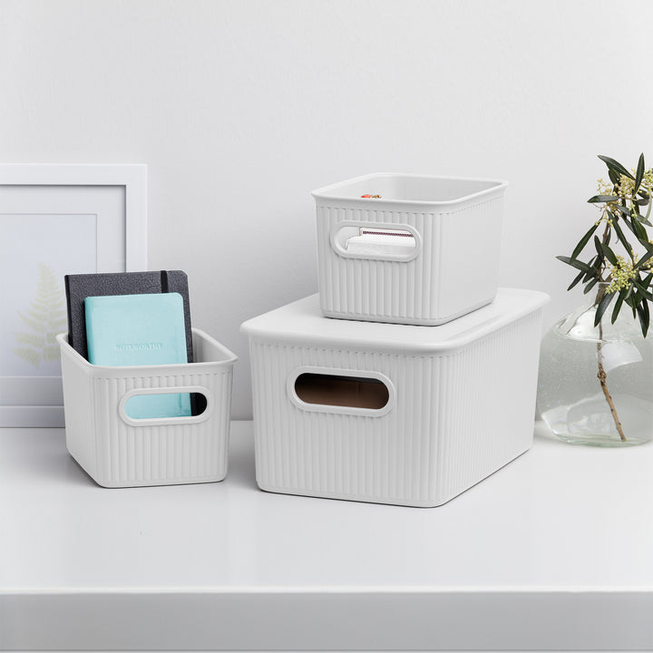 TATAY Baobab - Set de 3 Cajas Organizadoras Medianas con Tapa en Plástico PP05. Blanco Pergamon