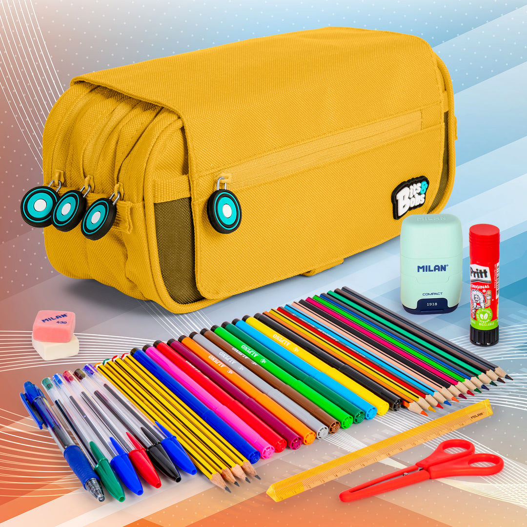 ColePack BitsBobs - Estuche Triple de 3 Cremalleras con Material Escolar Incluido. Amarillo