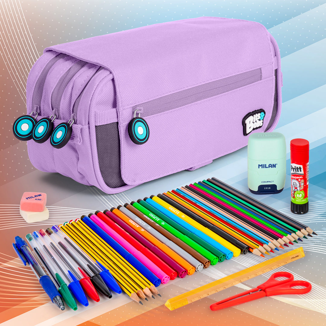 ColePack BitsBobs - Estuche Triple de 3 Cremalleras con Material Escolar Incluido. Lavanda