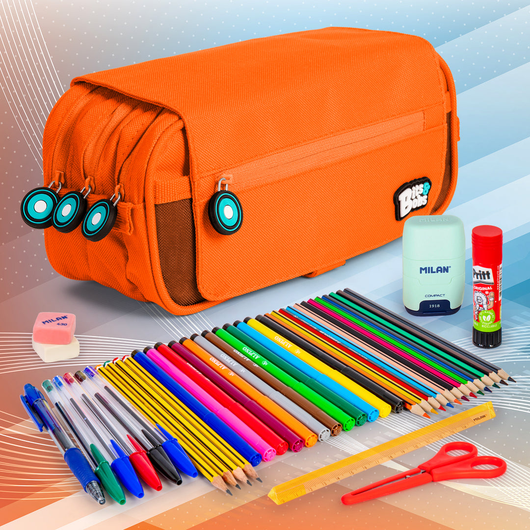 ColePack BitsBobs - Estuche Triple de 3 Cremalleras con Material Escolar Incluido. Naranja